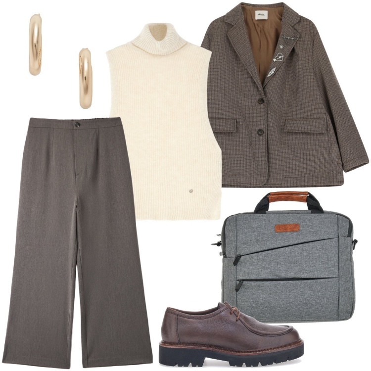 Outfit donna - In ufficio. Stile Mannish per Ufficio. Abbinamento con pantaloni, maglieria, blazer, orecchini, borse a mano, scarpe stringate.