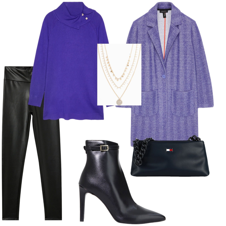 Outfit donna - Uscita con amiche. per Serata fuori. Abbinamento con collane, borse a mano, treggings, stivaletti, cappotti, maglieria.