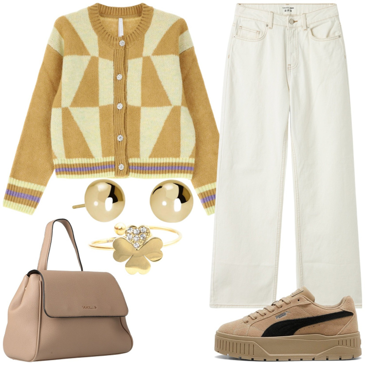 Outfit donna - Sportiva. Stile Sporty chic per Tutti i giorni. Abbinamento con zaini, orecchini, jeans, cardigans, anelli, sneakers.