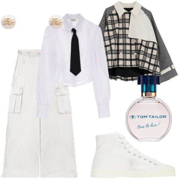 Outfit donna - Domenica mattina. Stile Trendy per Tutti i giorni. Abbinamento con orecchini, profumi, blazer, pantaloni cargo, camicie, sneakers alte.