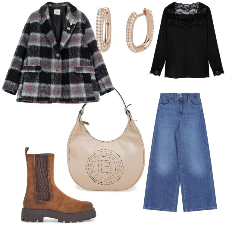 Outfit donna - Caldo e freddo. Stile Casual chic per Tutti i giorni. Abbinamento con orecchini, blazer, pantaloni a palazzo, stivaletti chelsea, borse a spalla, t-shirt.