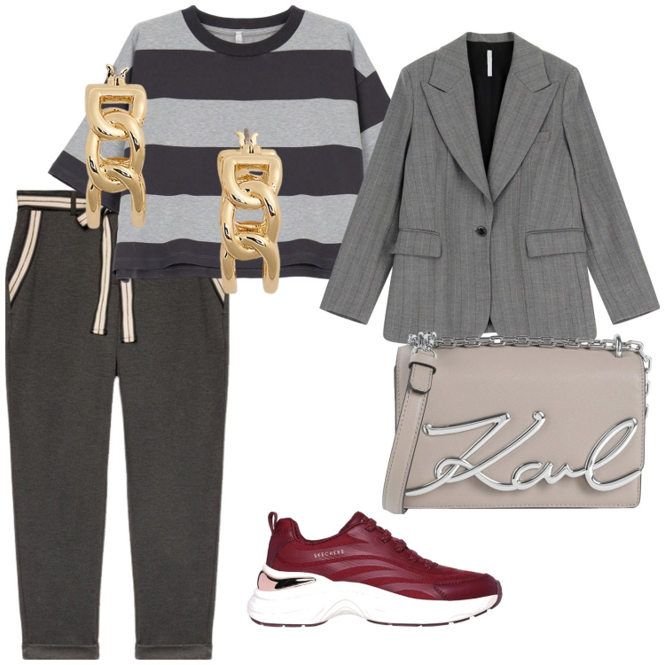 Outfit donna - Total look #2063090. per Ufficio. Abbinamento con borse a tracolla, blazer, t-shirt, orecchini, pantaloni chino, sneakers.