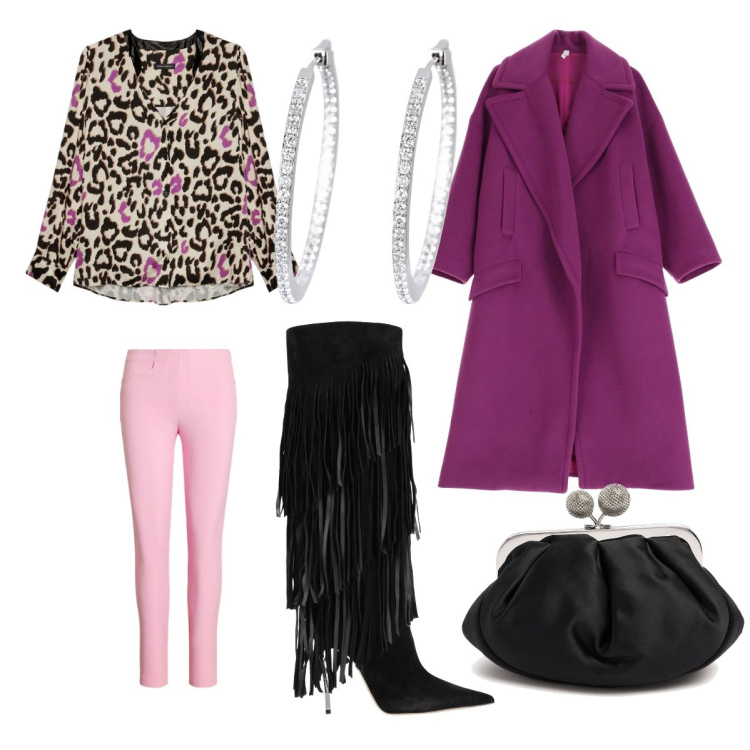Outfit donna - Chic. Stile Casual chic per Serata fuori. Abbinamento con stivali, orecchini, cappotti, pantaloni, camicie, pochette.