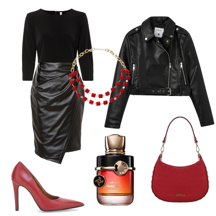 Outfit donna - Dalla mattina alla sera. Stile Trendy per Serata fuori. Abbinamento con vestiti, profumi, giacche, borse a spalla, collane, décolleté.