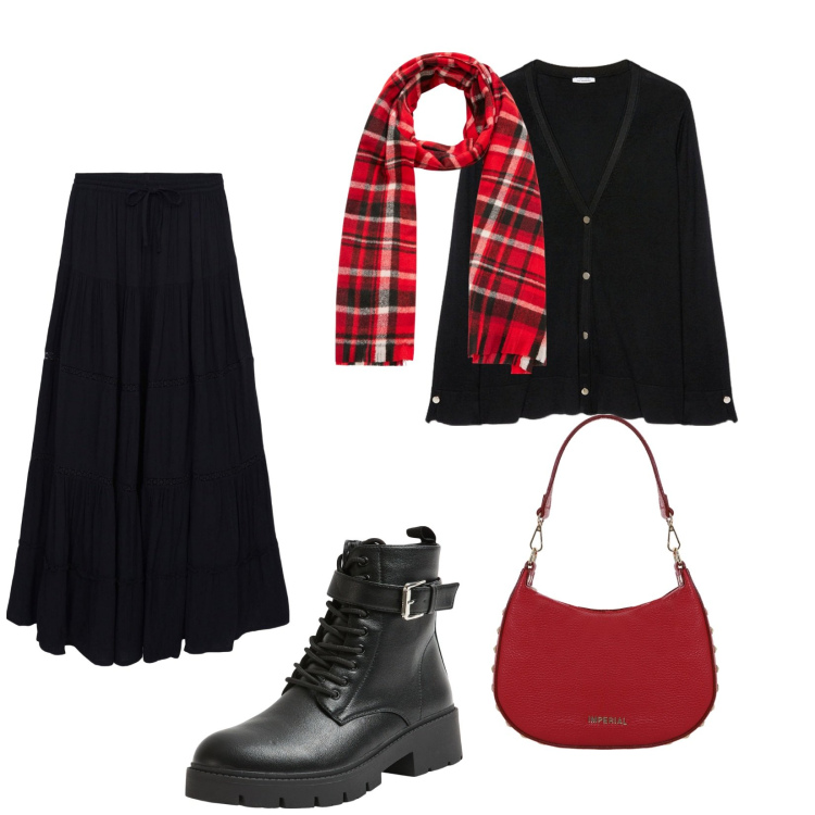 Outfit donna - Total look #2063103. per Serata fuori. Abbinamento con gonne lunghe, anfibi, sciarpe, borse a spalla, cardigans.