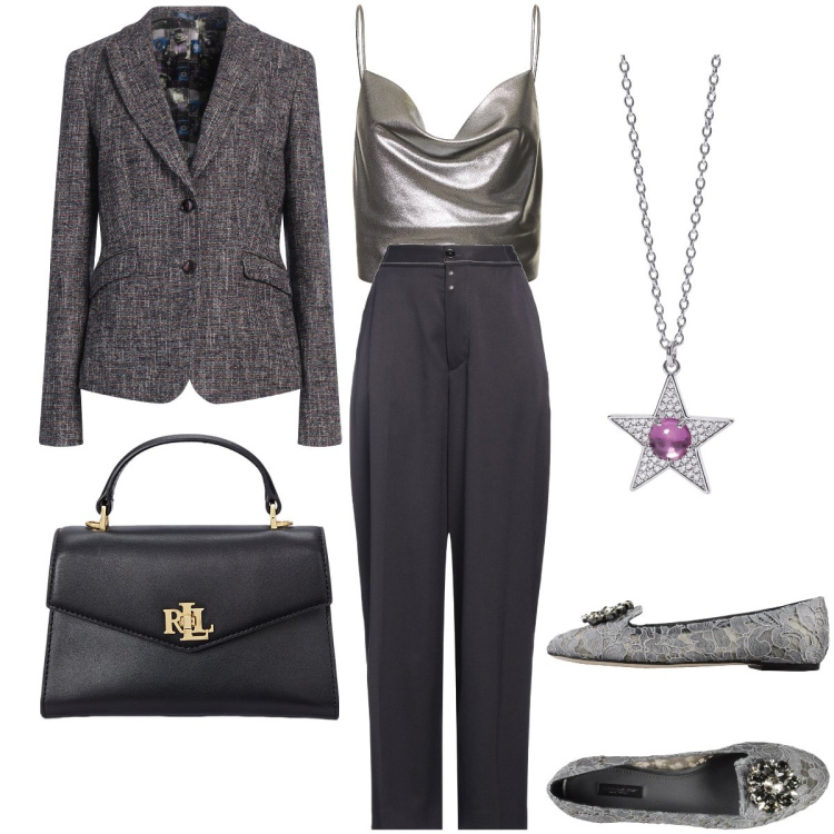 Outfit donna - Il top argentato. Stile Glamour per Serata fuori. Abbinamento con mocassini, blazer, pantaloni, ciondoli, borse a mano, top.