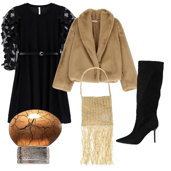 Outfit donna - Invito a cena. Stile Glamour per Serata fuori. Abbinamento con stivali, borse a spalla, profumi, ecopellicce, vestiti.