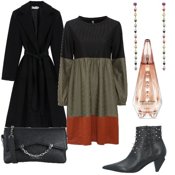 Outfit donna - Serata fuori. Stile Trendy per Serata fuori. Abbinamento con vestiti corti, stivaletti, borse a tracolla, profumi, orecchini, cappotti.