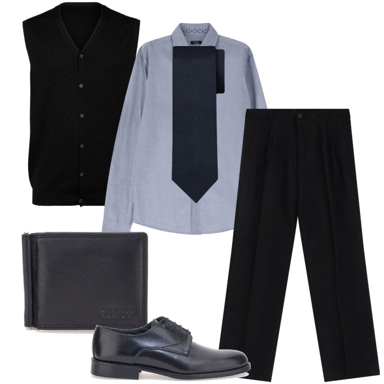 Outfit uomo - Il gilet nero elegante. Stile Business/Elegante per Cerimonia. Abbinamento con pantaloni, camicie, portafogli, scarpe stringate, gilet, cravatte.