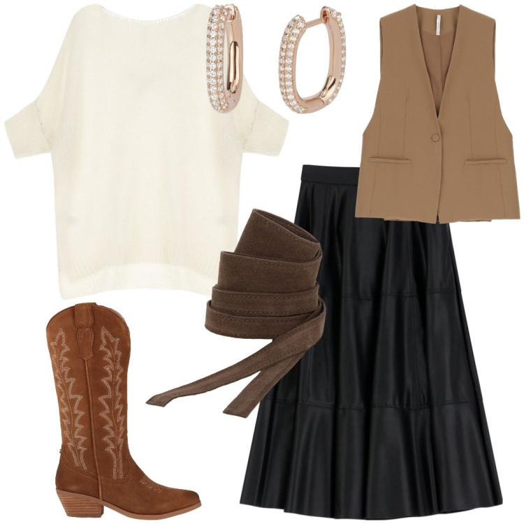 Outfit donna - Country style. Stile Casual chic per Tutti i giorni. Abbinamento con stivali, orecchini, pullovers, gilet, cinture, gonne longuette.