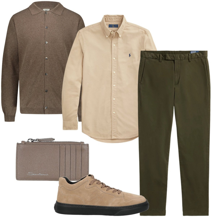 Outfit uomo - Il cardigan con il colletto. Stile Urban per Ufficio. Abbinamento con sneakers, portafogli, camicie, pantaloni, polo.