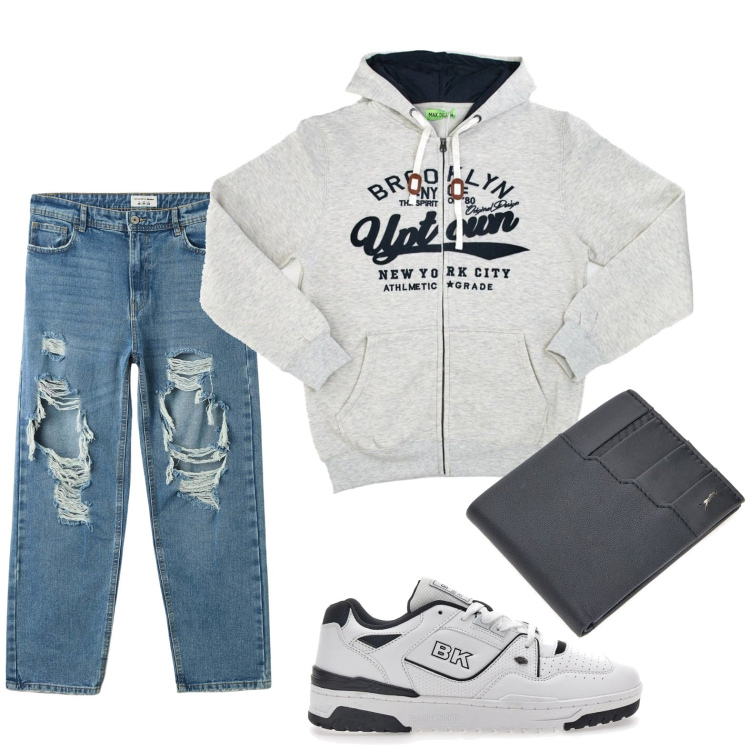 Outfit uomo - Stile pratico. Stile Casual per Tutti i giorni. Abbinamento con jeans strappati, sneakers, portafogli, felpe con cappuccio.
