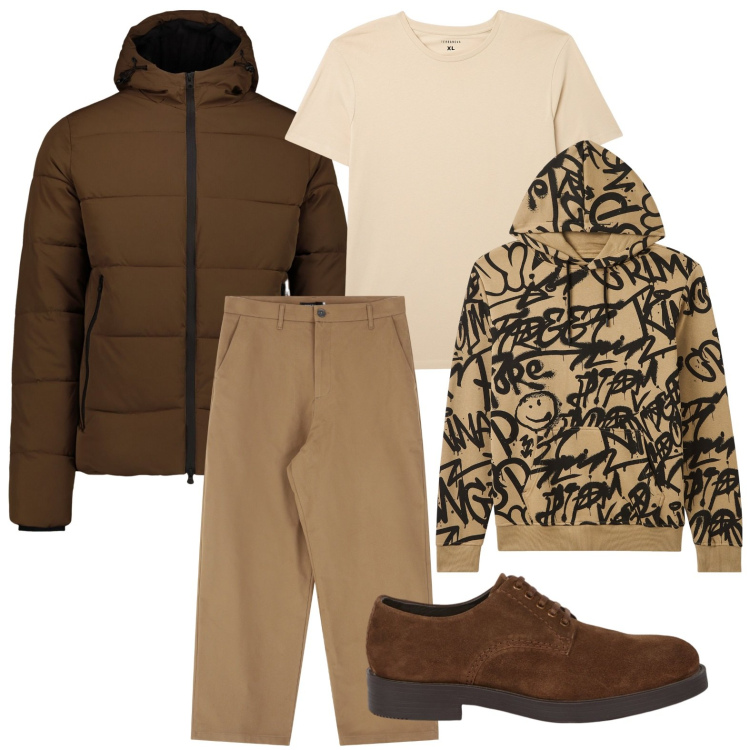 Outfit uomo - Sfumature brown. Stile Trendy per Tutti i giorni. Abbinamento con felpe con cappuccio, t-shirt, pantaloni, piumini, scarpe stringate.