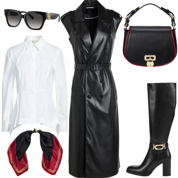 Outfit donna - L\'abito in ecopelle. Stile Chic per Serata fuori. Abbinamento con camicie, stivali, vestiti midi/longuette, occhiali da sole, foulard, borse a tracolla.