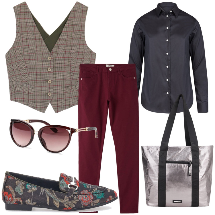 Outfit donna - Dandy. Stile Mannish per Tutti i giorni. Abbinamento con occhiali da sole, pantaloni, gilet, shopping bag, camicie, mocassini.