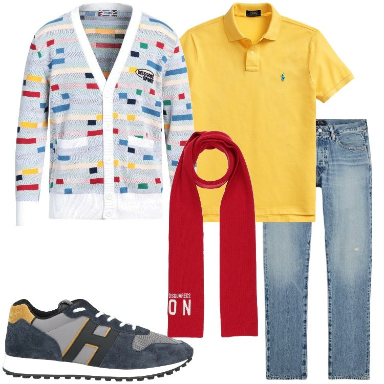Outfit uomo - Colorato. Stile Casual per Tutti i giorni. Abbinamento con cardigans, sneakers, sciarpe, polo, jeans.