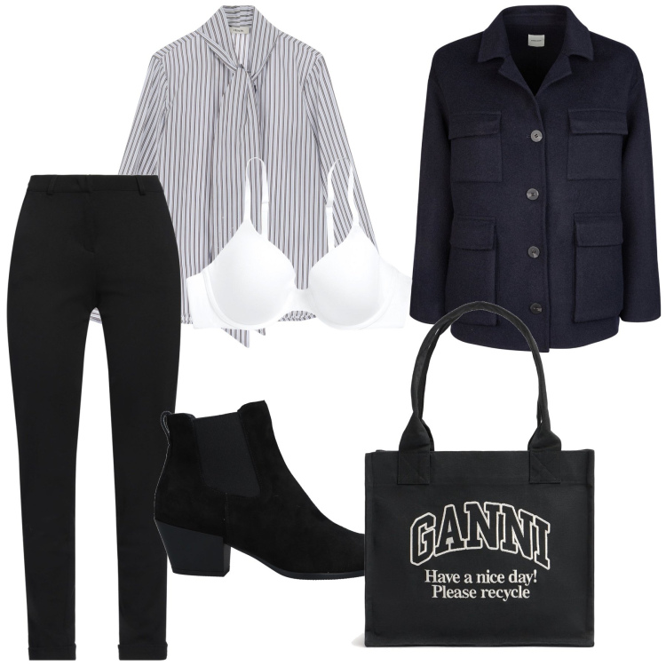 Outfit donna - A nice day. Stile Urban per Ufficio. Abbinamento con stivaletti chelsea, pantaloni, reggiseni, camicie, cappotti, shopping bag.
