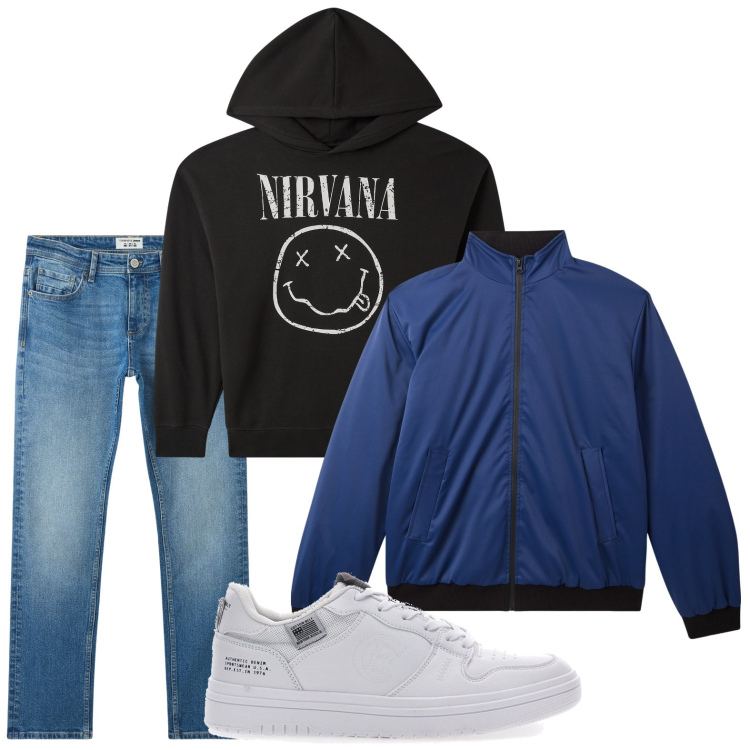 Outfit uomo - Jeans e felpa. Stile Casual per Tutti i giorni. Abbinamento con jeans, giacche, felpe con cappuccio, sneakers.
