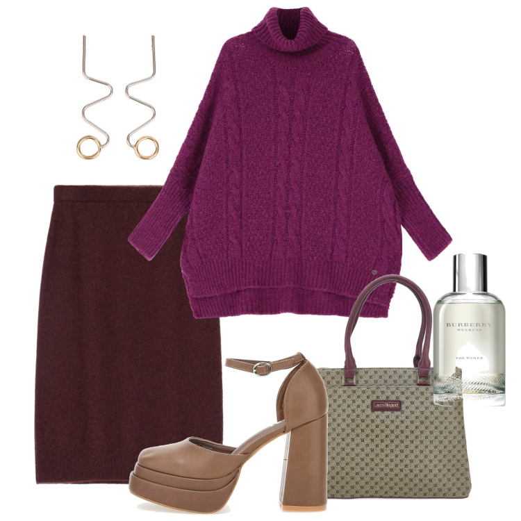 Outfit donna - Magenta. Stile Bon Ton per Tutti i giorni. Abbinamento con profumi, maglieria, gonne longuette, orecchini, décolleté, borse a spalla.