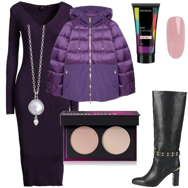 Outfit donna - Serata fuori. Stile Trendy per Serata fuori. Abbinamento con vestiti midi/longuette, stivali, smalti, ciprie, collane, piumini.