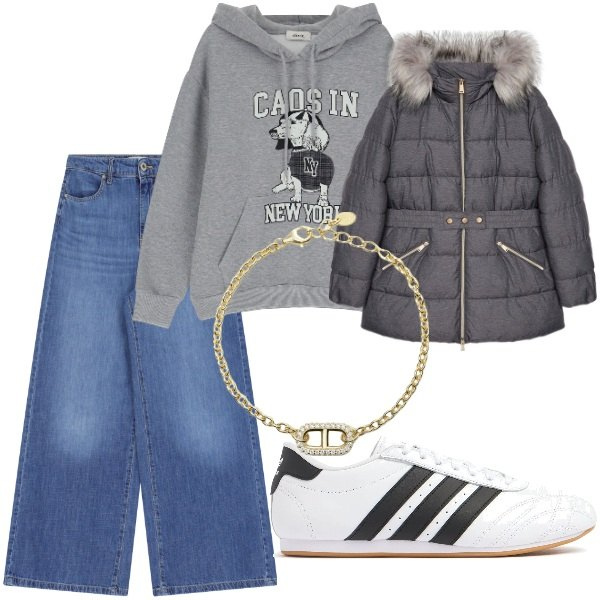 Outfit donna - Total look #2063174. Stile Basic per Tutti i giorni. Abbinamento con pantaloni a palazzo, felpe con cappuccio, braccialetti, piumini, sneakers.