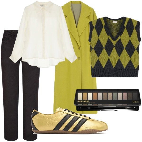 Outfit donna - Domenica mattina. Stile Trendy per Tutti i giorni. Abbinamento con ombretti, cappotti, gilet, camicie, pantaloni, sneakers.