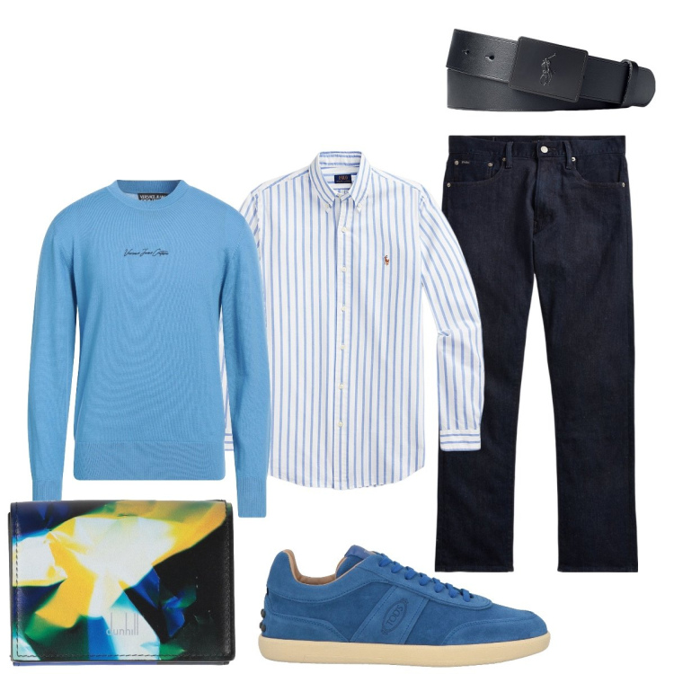 Outfit uomo - Azzurro…. Stile Trendy per Tutti i giorni. Abbinamento con pullovers, sneakers, portafogli, camicie, cinture, jeans dritti.