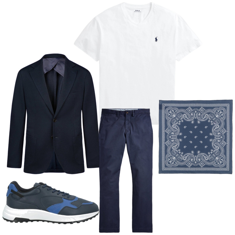 Outfit uomo - Giacca e t-shirt. Stile Business/Elegante per Ufficio. Abbinamento con sciarpe, sneakers, pantaloni, t-shirt, giacche.