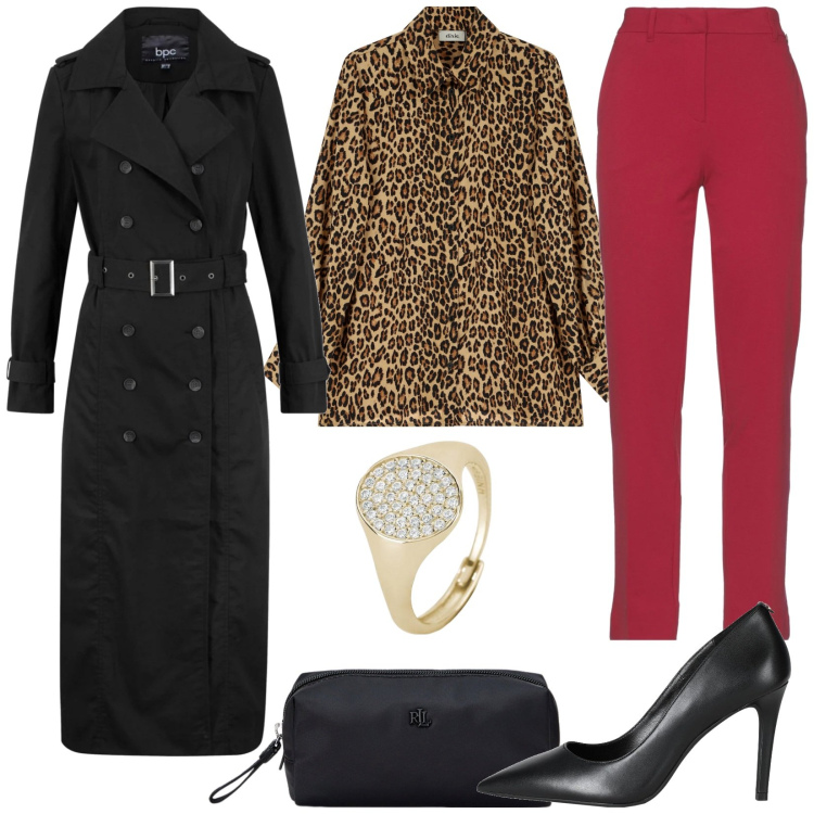 Outfit donna - Trench nero. Stile Trendy per Serata fuori. Abbinamento con trench, pantaloni, décolleté, anelli, pochette, camicie.