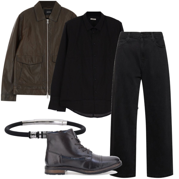 Outfit uomo - Il goubbotto in pelle. Stile Urban per Serata speciale. Abbinamento con braccialetti, camicie, giacche, stivali e stivaletti, jeans.