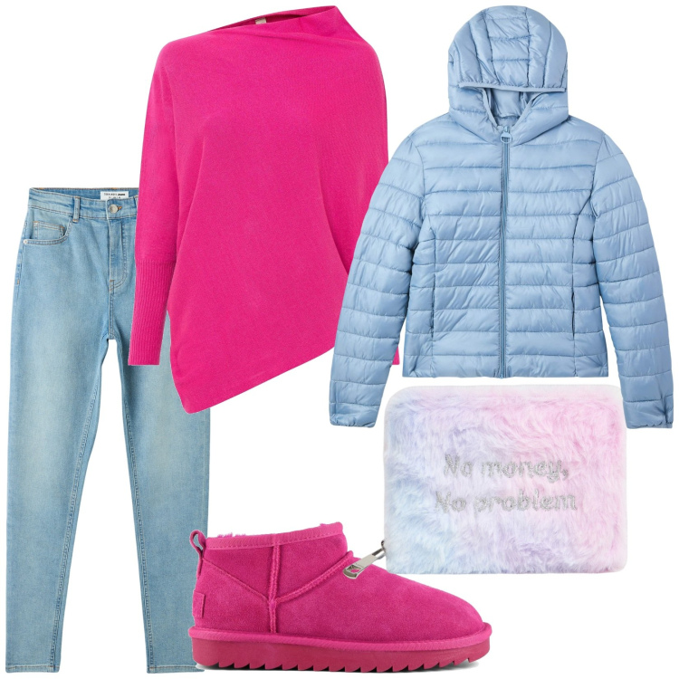 Outfit donna - Rosa e celeste. Stile Casual per Tutti i giorni. Abbinamento con maglieria, piumini, jeans skinny, portafogli, stivali.