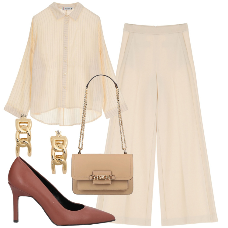 Outfit donna - Cappuccino chiaro. Stile Chic per Serata fuori. Abbinamento con décolleté, borse a spalla, camicie, pantaloni a palazzo, orecchini.