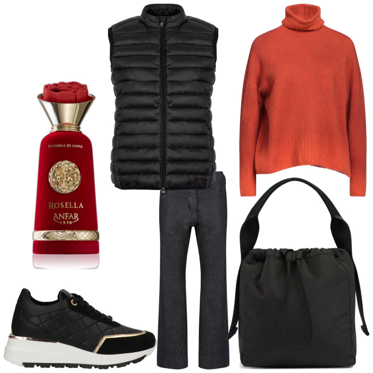 Outfit donna - Rosso nero. Stile Casual per Tutti i giorni. Abbinamento con maglieria, sneakers, profumi, piumini, pantaloni, borse a mano.