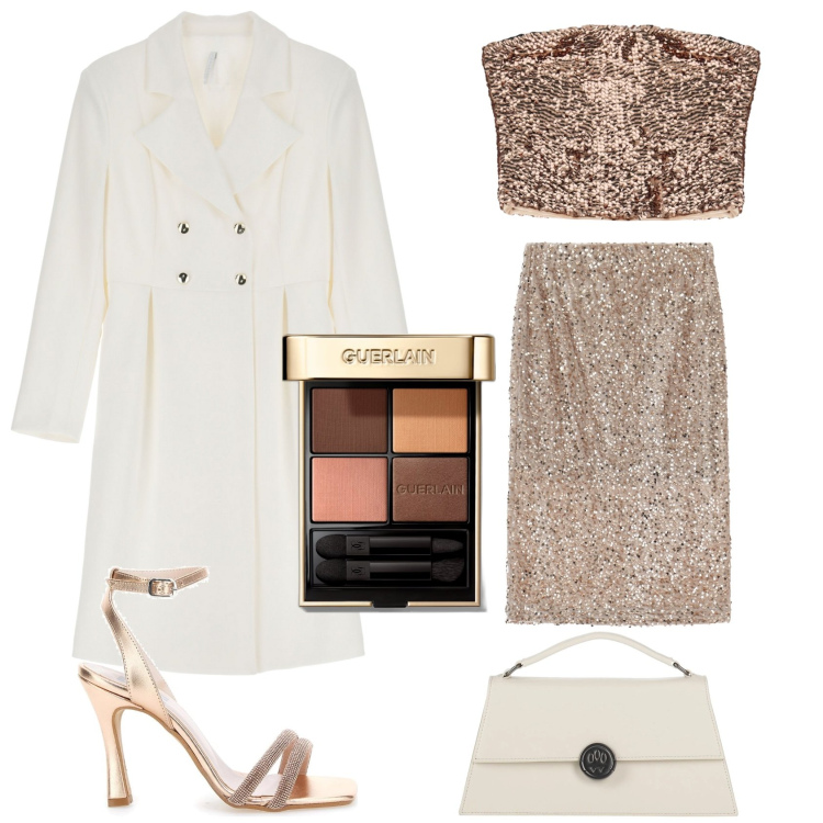 Outfit donna - Serata in paillettes. Stile Glamour per Serata fuori. Abbinamento con borse a mano, ombretti, cappotti, top, gonne longuette, sandali col tacco.