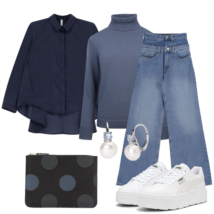 Outfit donna - Blue independence. Stile Casual per Tutti i giorni. Abbinamento con pochette, orecchini, camicie, jeans, maglieria, sneakers.