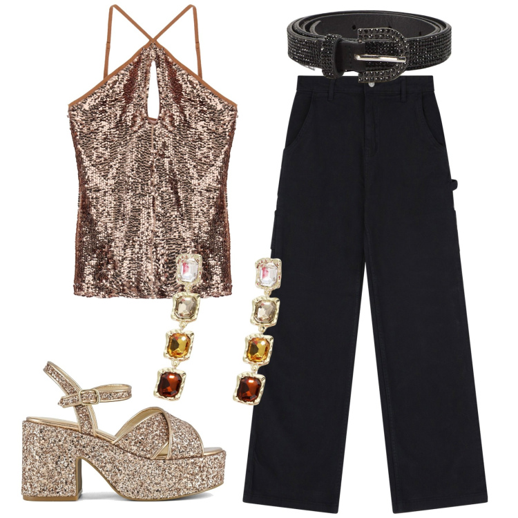 Outfit donna - Serata festival. Stile Glamour per Serata fuori. Abbinamento con top, pantaloni, orecchini, sandali, cinture.