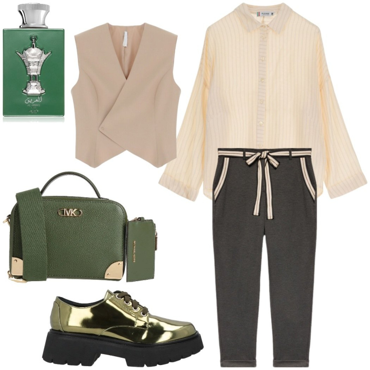 Outfit donna - In ufficio. Stile Urban per Ufficio. Abbinamento con scarpe stringate, borse a tracolla, profumi, camicie, gilet, pantaloni chino.
