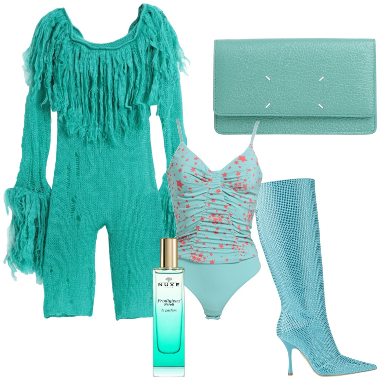 Outfit donna - Colori Tiffany. Stile Glamour per Serata fuori. Abbinamento con stivali, tute, body, borse a mano, profumi.