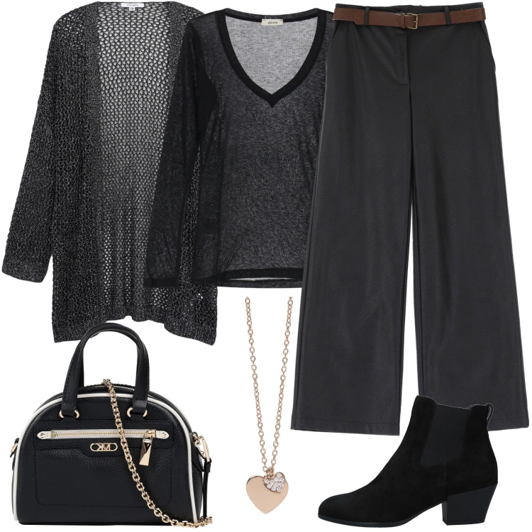 Outfit donna - Trendy in città. Stile Glamour per Tutti i giorni. Abbinamento con stivaletti chelsea, borse a mano, kimono, ciondoli, pantaloni, t-shirt.