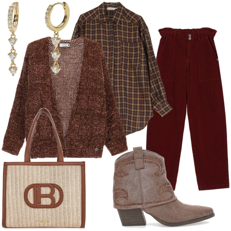 Outfit donna - Pomeriggio libero. Stile Casual chic per Tutti i giorni. Abbinamento con orecchini, cardigans, camicie, pantaloni chino, borse a spalla, stivaletti texani.