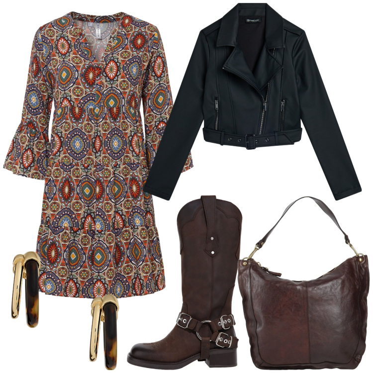 Outfit donna - Boho biker. Stile Boho per Serata fuori. Abbinamento con vestiti corti, borse a spalla, giacche, stivali, orecchini.