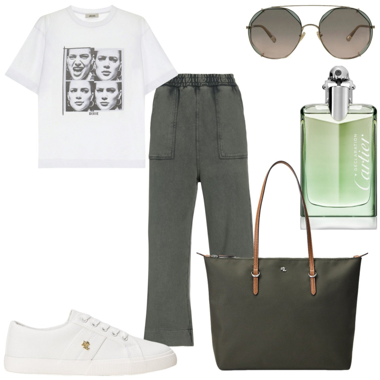Outfit donna - È domenica. Stile Sporty chic per Tutti i giorni. Abbinamento con pantaloni sportivi, occhiali da sole, profumi, borse tote, scarpe sportive, t-shirt.