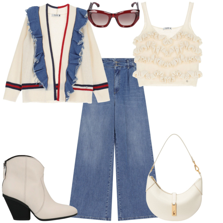 Outfit donna - Primavera 2025. Stile Sporty chic per Tutti i giorni. Abbinamento con stivaletti texani, jeans, cardigans, top, borse a spalla, occhiali da sole.