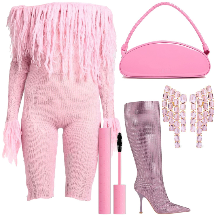 Outfit donna - Total look #2063246. Stile Glamour per Serata fuori. Abbinamento con stivali, tute, mascara, borse a spalla, orecchini.