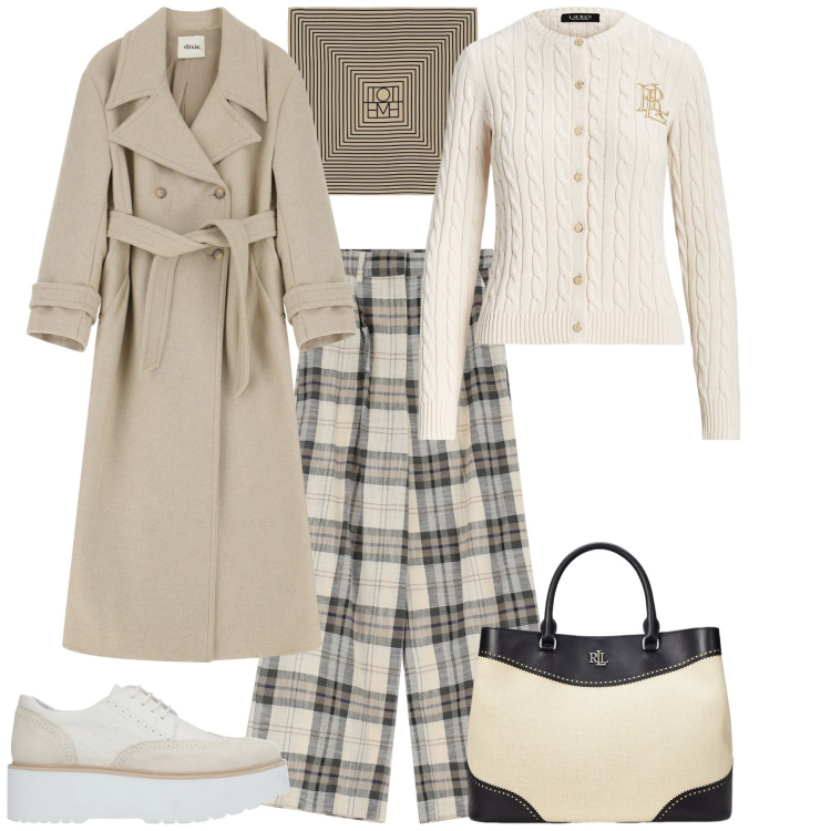 Outfit donna - Primavera 2025. Stile Sporty chic per Tutti i giorni. Abbinamento con scarpe stringate, trench, pantaloni, cardigans, borse a mano, foulard.