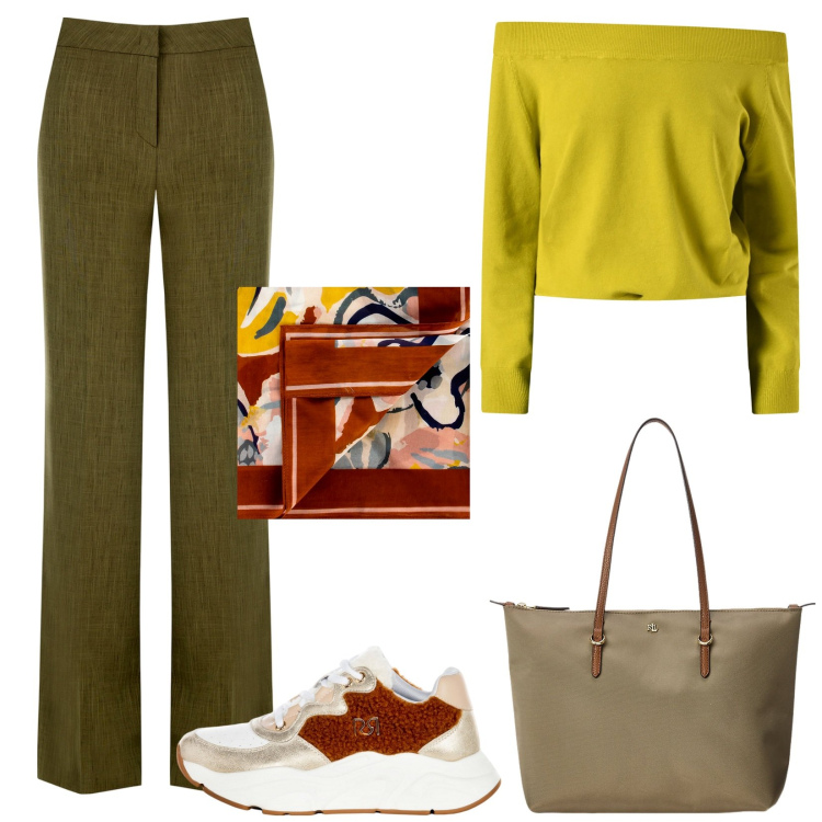 Outfit donna - Rinascimento SS25. Stile Casual chic per Tutti i giorni. Abbinamento con maglieria, pantaloni a palazzo, sneakers, foulard, borse tote.