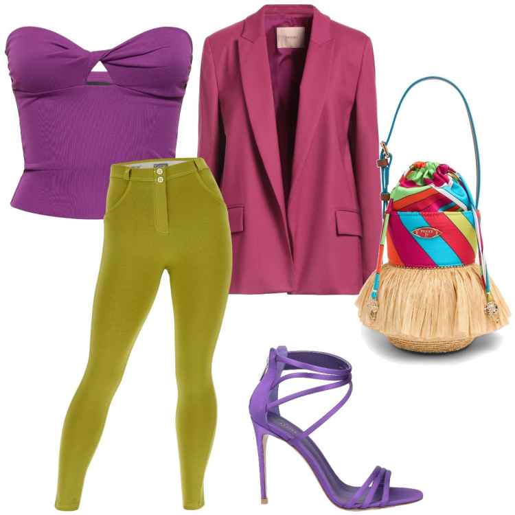 Outfit donna - Osa sempre. Stile Glamour per Serata fuori. Abbinamento con blazer, sandali in pelle, pantaloni skinny, top, borse a mano.