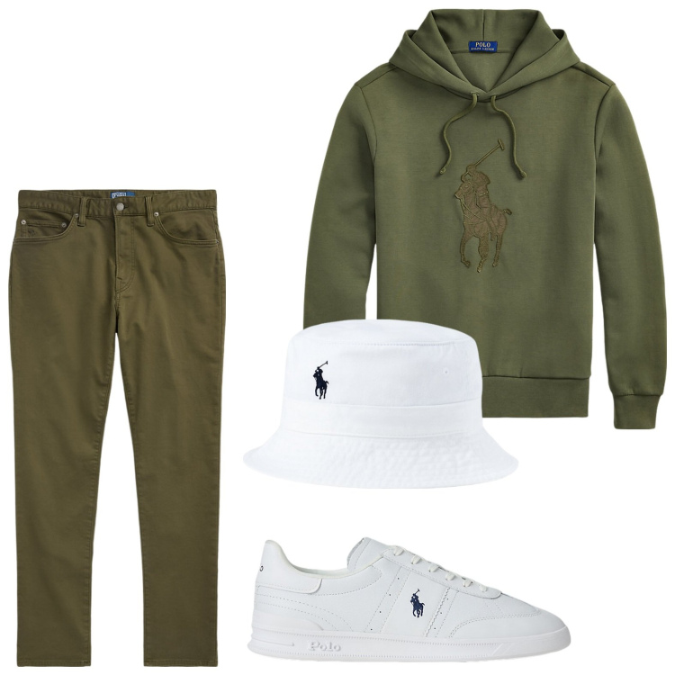 Outfit uomo - Weekend in verde. Stile Urban per Tutti i giorni. Abbinamento con sneakers, cappelli, pantaloni chino, felpe con cappuccio.