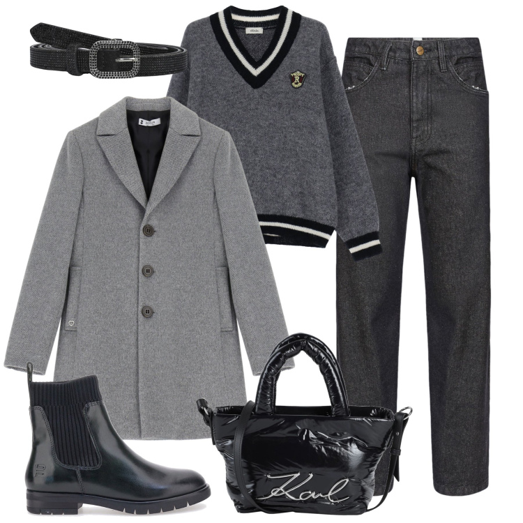 Outfit donna - Ufficio rilassato. Stile Trendy per Ufficio. Abbinamento con borse a mano, cinture, cappotti, pullovers, stivaletti, pantaloni.