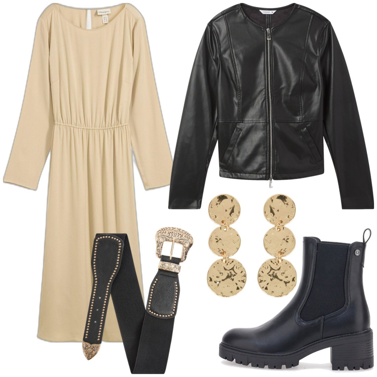 Outfit donna - Boho Biker. Stile Rock per Tutti i giorni. Abbinamento con vestiti midi/longuette, blazer, cinture, stivaletti chelsea, orecchini.